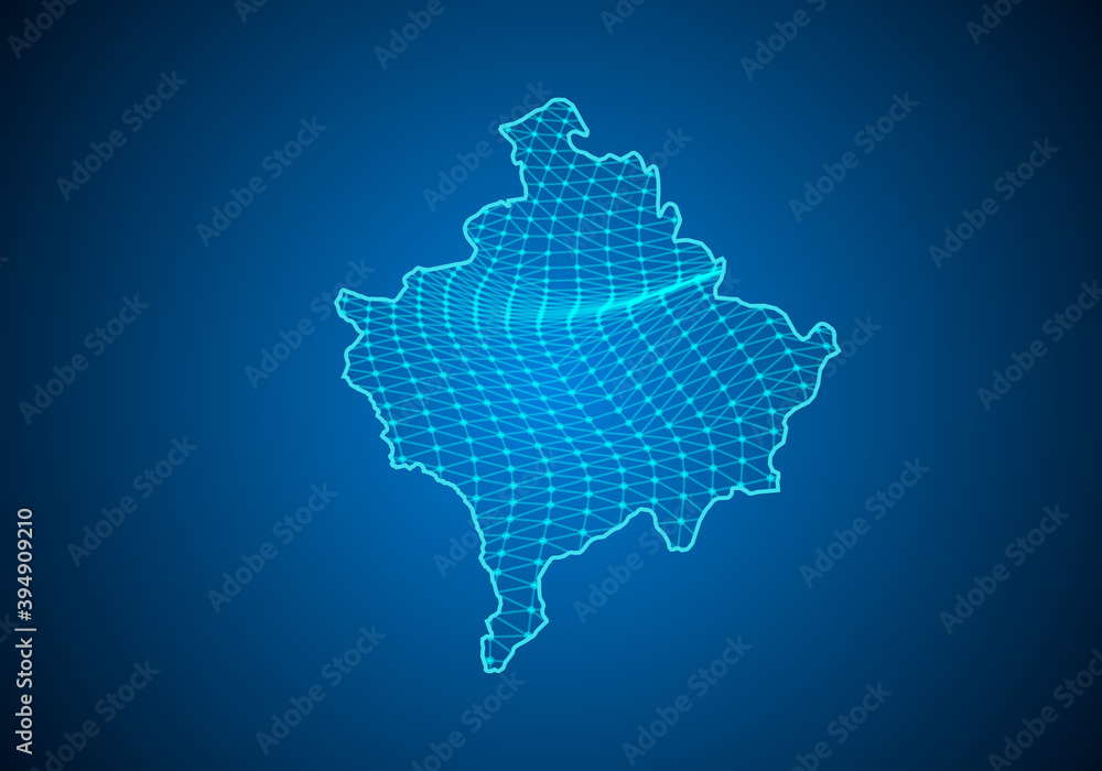 Abstract digital map of kosovo with particles dots and line. polygonal network business. Wireframe landscape background. Big Data. 3d futuristic. Global network connection.