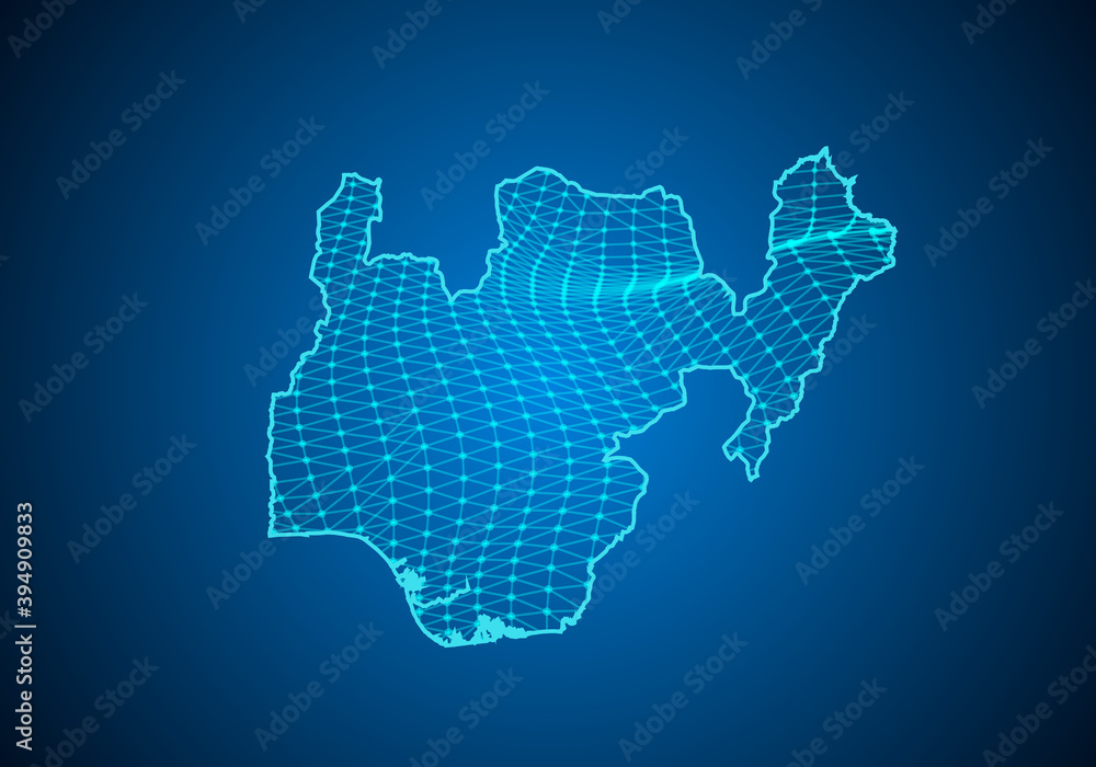 Abstract digital map of nigeria with particles dots and line. polygonal network business. Wireframe landscape background. Big Data. 3d futuristic. Global network connection.
