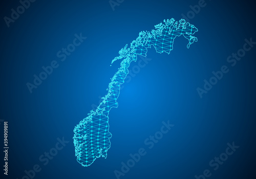 Abstract digital map of norway with particles dots and line. polygonal network business. Wireframe landscape background. Big Data. 3d futuristic. Global network connection.