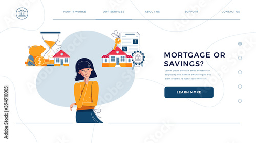 Mortgage or savings choice homepage web template. Woman thinking to save money or to get a loan for big house. New home buying, finance planning for website design. Flat cartoon vector illustration