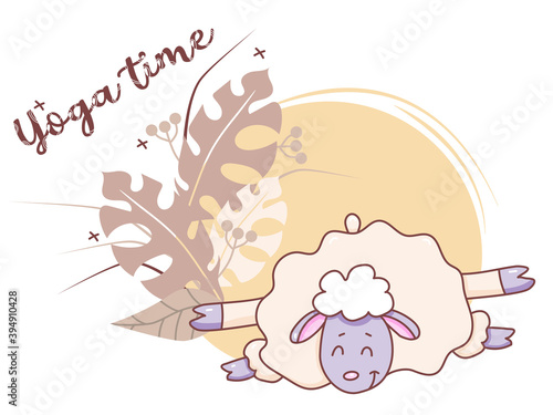 Pets yoga time. A cute lamb is doing yoga, stretching while lying in an asana. Vector illustration on a decorative background with tropical leaves and decor. Concept - yoga time. Flat design