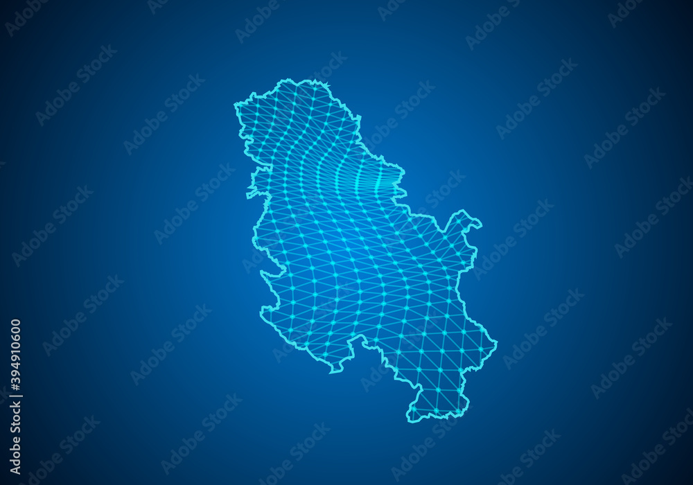 Abstract digital map of serbia No Kosovo with particles dots and line. polygonal network business. Wireframe landscape background. Big Data. 3d futuristic. Global network connection.
