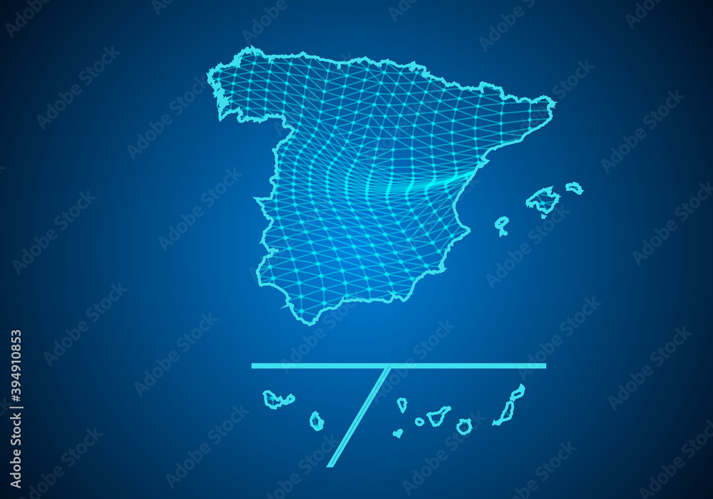 Abstract digital map of spain Provinces with particles dots and line. polygonal network business. Wireframe landscape background. Big Data. 3d futuristic. Global network connection.