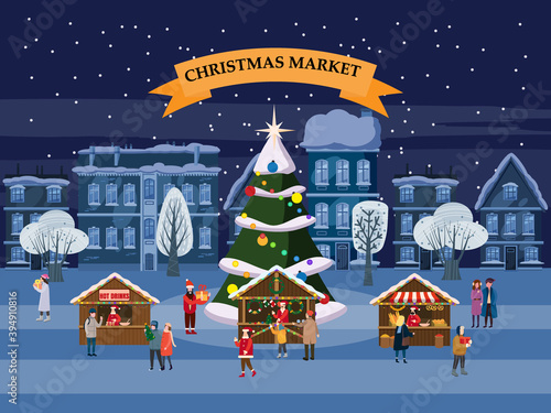 Christmas Market holiday fairs or festive on city square. People walk and buy between canopy, stalls, kiosks. Background silhoutte old town, Xmas tree. Vector illustration