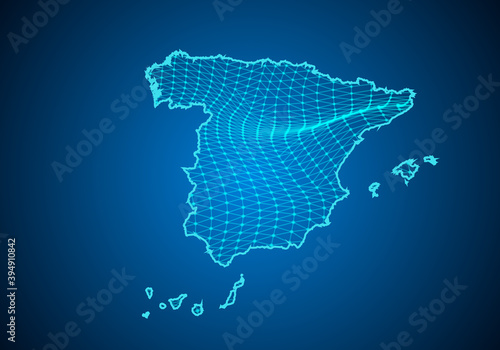 Abstract digital map of spain with particles dots and line. polygonal network business. Wireframe landscape background. Big Data. 3d futuristic. Global network connection.