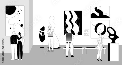 People watching exhibition of contemporary abstract painting