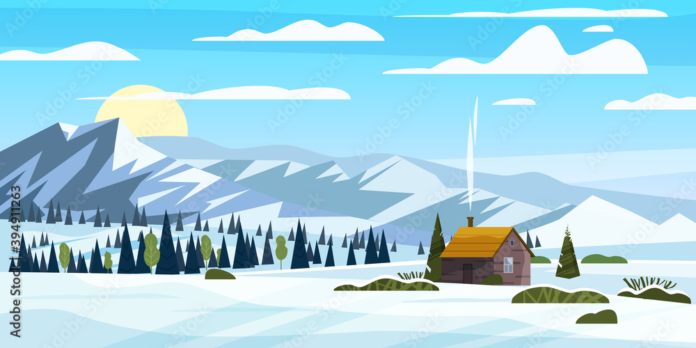 Winter mountains snow landscape panorama, pines ate, hills lonely building, field. Vector illustration card, poster, banner Winter mountains snow landscape panorama, pines ate, hills lonely building, field. Vector illustration card, poster, banner