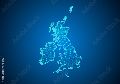 Abstract digital map of united Kingdom with particles dots and line. polygonal network business. Wireframe landscape background. Big Data. 3d futuristic. Global network connection.