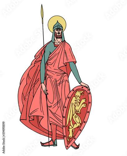 St. Alexander Nevsky prince of Novgorod in red, medieval knight, symbol of Saint Petersburg, color vector illustration with black ink lines isolated on a white background in cartoon & hand drawn style