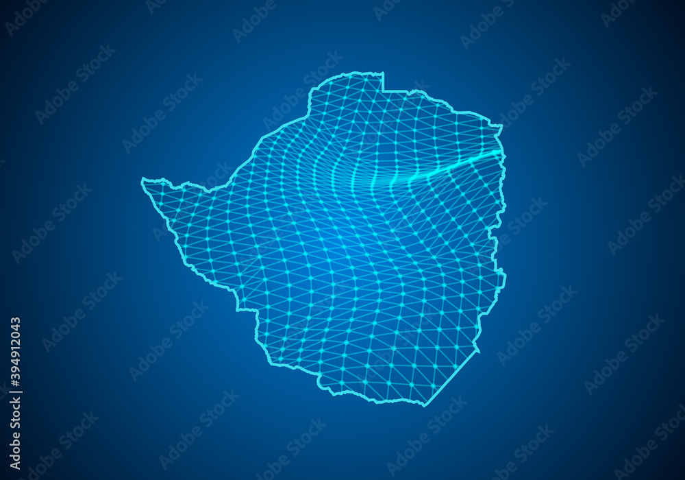 Abstract digital map of zimbabwe with particles dots and line. polygonal network business. Wireframe landscape background. Big Data. 3d futuristic. Global network connection.