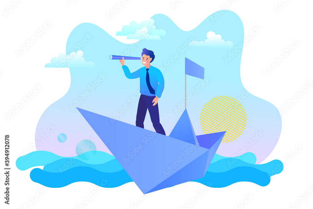 Business people are floating on a paper boat. Businessman with a spyglass. Investments and search for business ideas. Vector illustration. Business people are floating on a paper boat. Businessman with a spyglass. Investments and search for business ideas. Vector illustration.