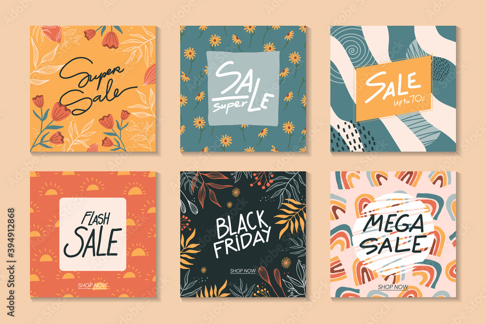 Naklejka premium Set of sale square banner template for social media posts, mobile apps, banners design, web/internet ads. Trendy abstract square template with colorful concept. Floral, rainbow, daisy, sun background 