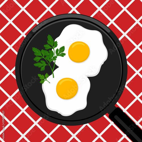 Breakfast illustration-fried eggs in a frying pan and tablecloths.