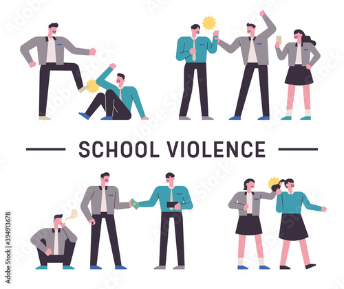 Various situations of school violence. flat design style minimal vector illustration.