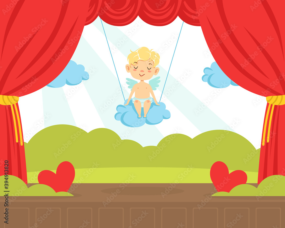 Cute Little Boy in Angel Costume Performing on Stage Cartoon Vector Illustration
