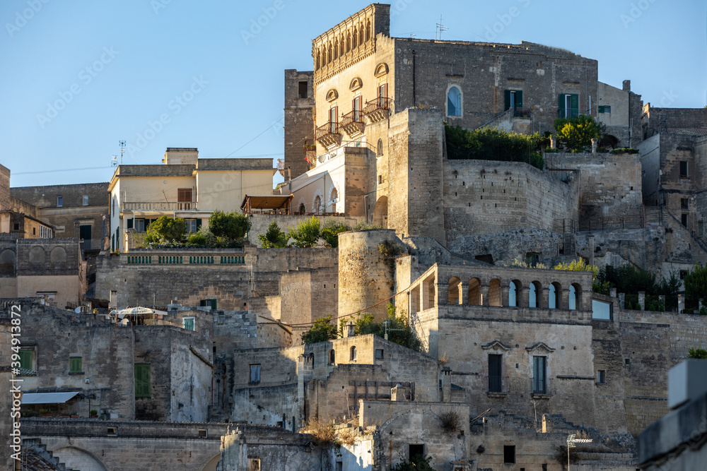 Fototapeta premium View of the Sassi di Matera a historic district in the city of Matera, well-known for their ancient cave dwellings. Basilicata. Italy
