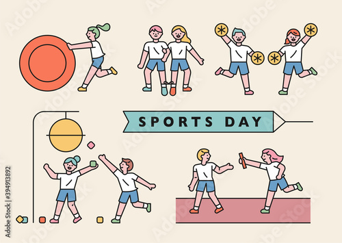 School sports day. Cute students are playing various games. flat design style minimal vector illustration.