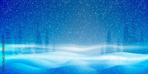 Fantasy on the theme of the winter landscape. Falling snow, forest and blizzard. Vector illustration.