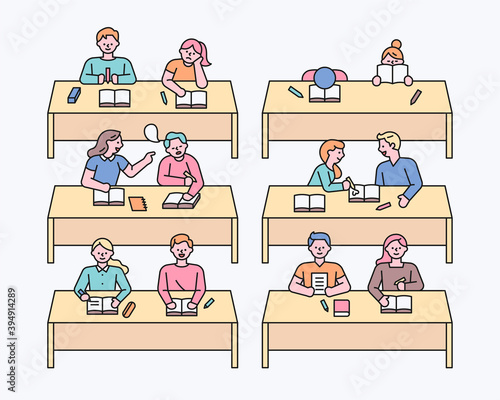 School classroom. Various students in class. flat design style minimal vector illustration.