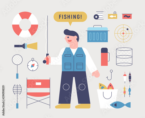Fishing men and fishing gear. flat design style minimal vector illustration.