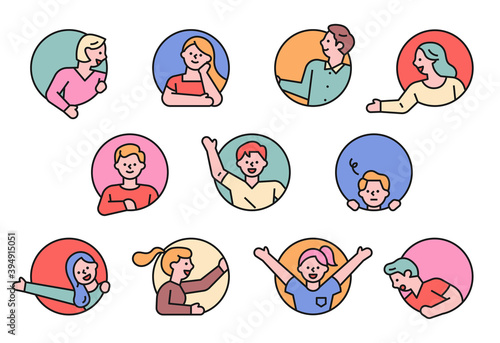People doing various actions in a circular frame. flat design style minimal vector illustration.