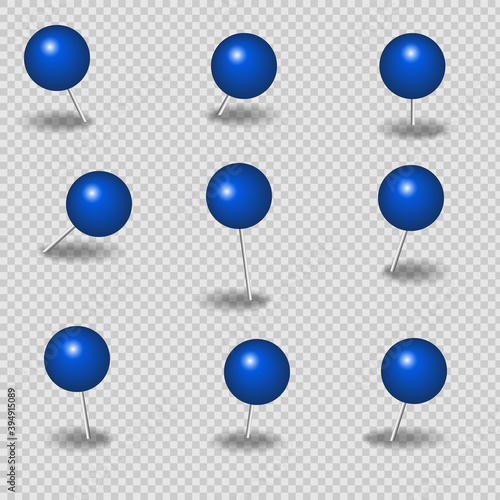 Blue hairpins for paper on a transparent background with a gray shadow. EPS 10