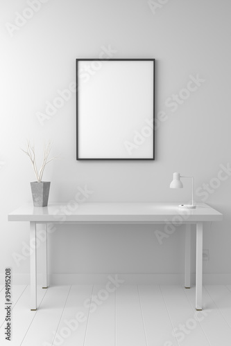 3d rendering of working desk with picture frame
