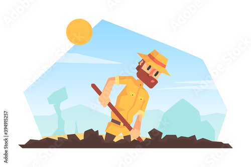 Man Archeologist Digging Soil, Scientist Character During Archeological Excavations Cartoon Vector Illustration
