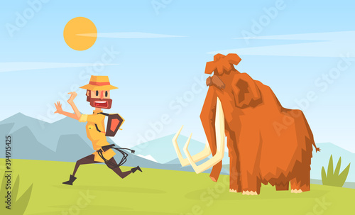 Man Archeologist Running Away from Mammoth, Scientist Character Working on Archeological Excavations Cartoon Vector Illustration