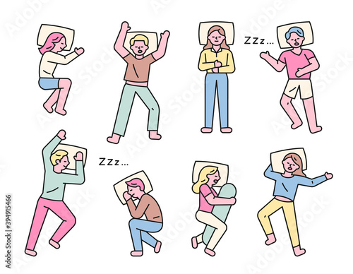 Various postures of people who sleep. flat design style minimal vector illustration.