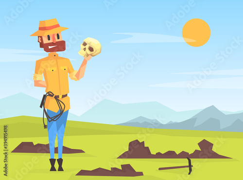Man Archeologist Digging Soil, Scientist Character Researching Ancient Artifacts and Bones Cartoon Vector Illustration