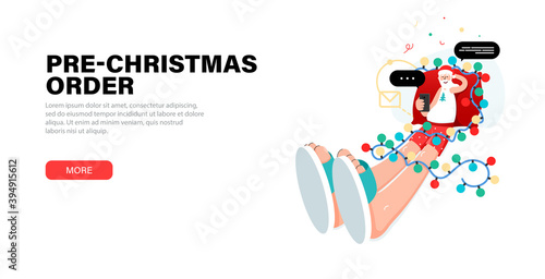 Happy Santa Claus relaxing at home christmas eve and accept pre-orders for gifts , takes orders, congratulations online, Answering on children's requests via phone. Banner with garlands around Santa.