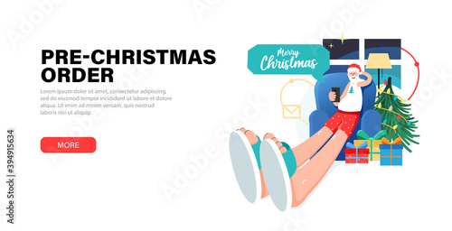 Happy Santa Claus relaxing at home christmas eve sits in a chair and accept pre-orders for gifts, and Answering on children's requests via smartphone. Banner with gift boxes, christmas tree and Santa