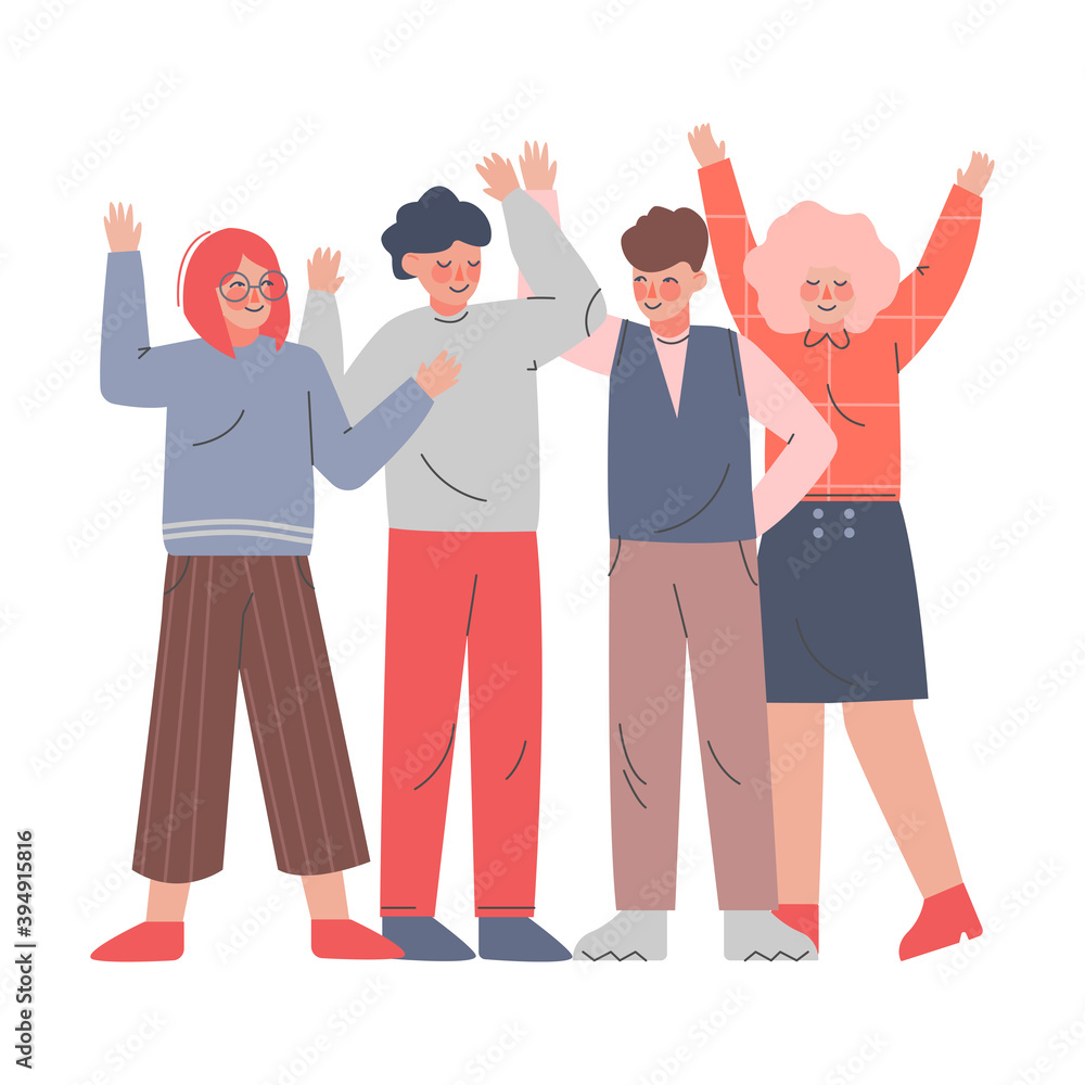 Obraz premium Young People with Raised Hands, Team of Teenagers Standing Hands Up, Friendship, Solidarity, Volunteering, Voting Cartoon Style Vector Illustration