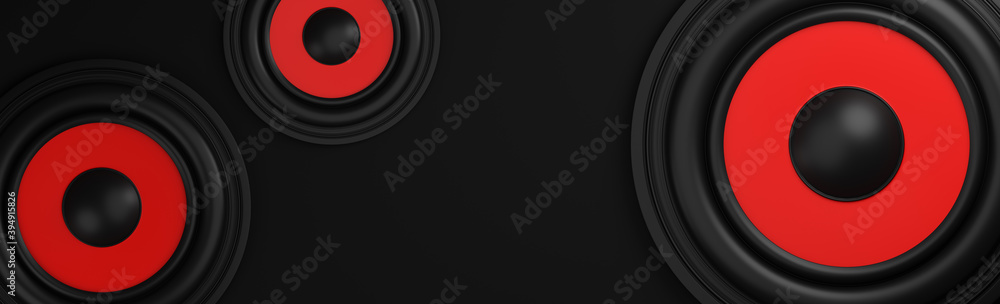 Many red speaker loudspeaker on black background.,3d model and illustration. Many red speaker loudspeaker on black background.,3d model and illustration.