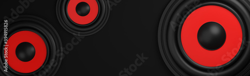 Many red speaker loudspeaker on black background. 3d model and illustration.