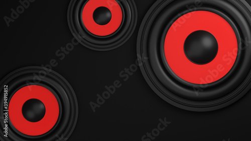 Many red speaker loudspeaker on black background.,3d model and illustration.