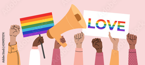 A crowd of people holding posters, transgender, lgbt and flags at a gay parade. Human rights, discrimination banner. Lgbtq symbols. Vector illustration in flat style on isolated pink background. 
