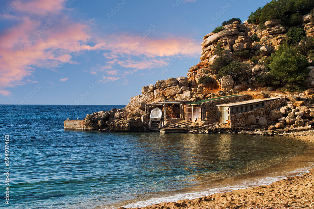 Fishermen's huts and jetty, Ibiza, Spain. Europe