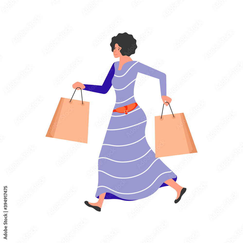 Woman shopper with packages rushing to the sale isolated in white background. Vector illustration Woman shopper with packages rushing to the sale isolated in white background. Vector illustration