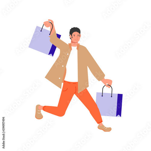 Man shopper with packages rushing to the sale isolated in white background. Vector illustration