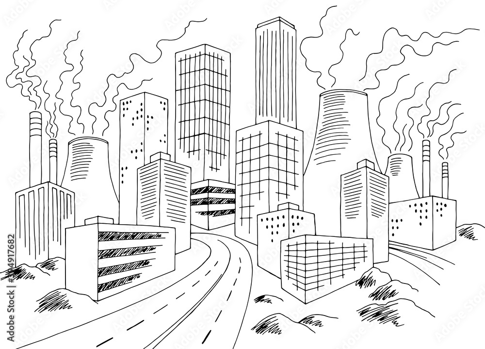Eco problem city graphic bad ecology black white landscape sketch illustration vector