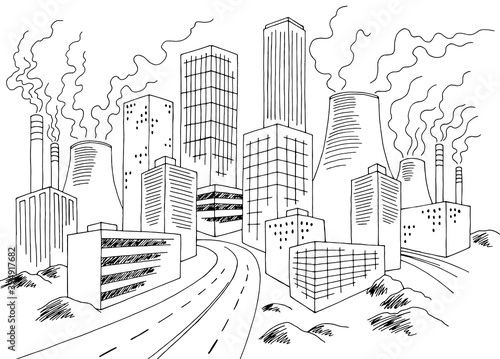 Eco problem city graphic bad ecology black white landscape sketch illustration vector