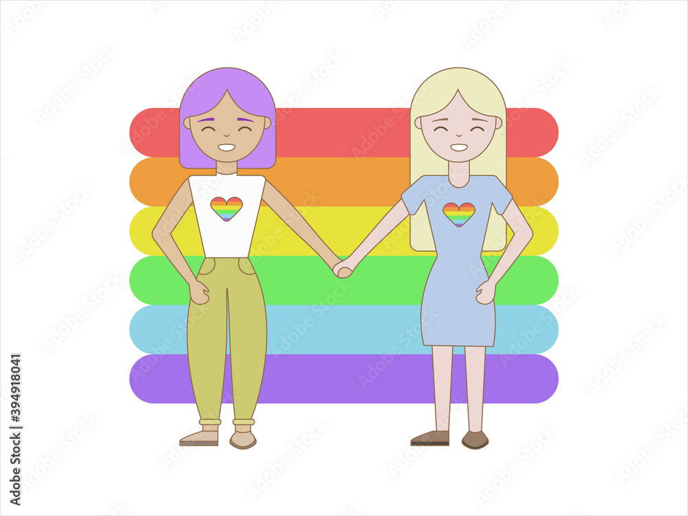 Girls in love hold hands against a rainbow background. Isolated image in jpeg format.
Girls in love hold hands against a rainbow background. Isolated image in jpeg format.