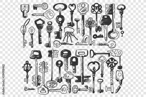 Keys doodle set. Collection of different shape small key for opening door locks isolated on transparent background. Decorative vintage old design switches and home security illustration.