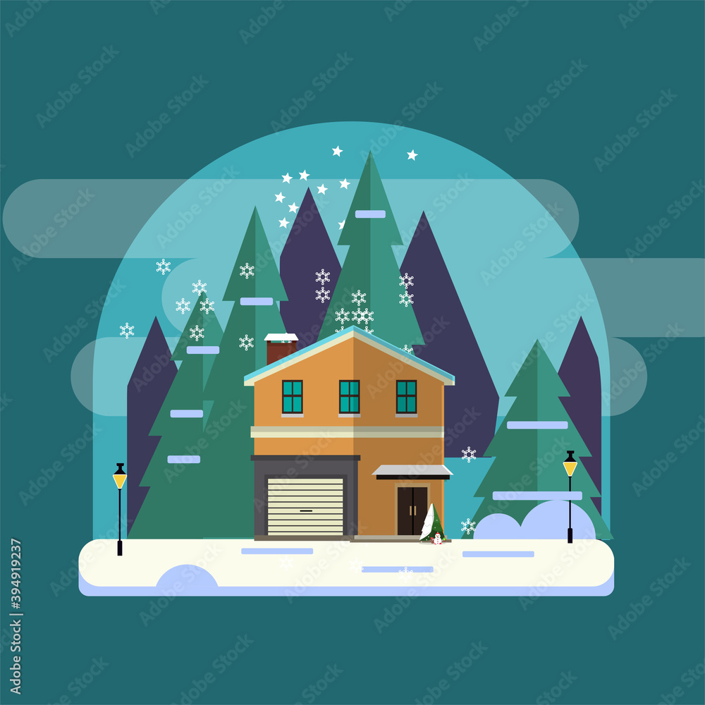 Christmas House Icon with tree,mountain,snowVector Flat Background