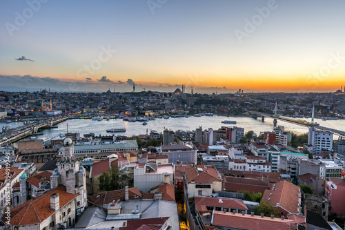 Aerial view of golden horn in the strait of Bosporus under sunset from the gala tower in Istanbul  Turkey  view from the Galata tower.