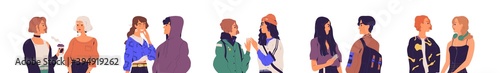 Set of young people talking or chatting. Bundle of couples isolated on white background. Friendly and unfriendly men and women meeting. Dialogues between characters. Flat vector illustration