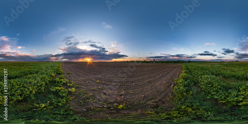 full seamless spherical hdri panorama 360 degrees angle view on among farm fields in autumn evening before sunset with awesome clouds in equirectangular projection  ready for VR AR content