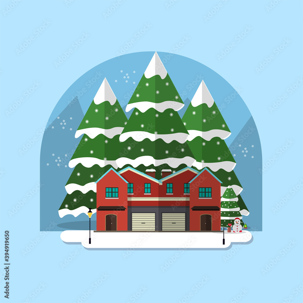 Christmas House Icon with tree,mountain,snowVector Flat Background